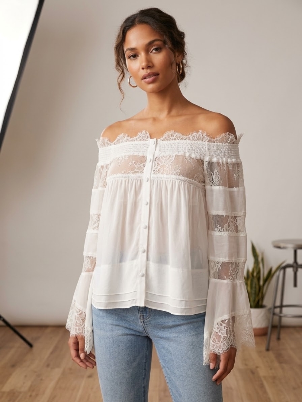 Smocked Off-Shoulder White Lace Button-Front Blouse